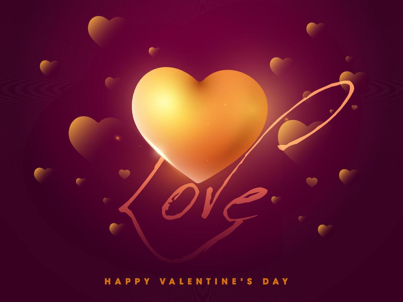 Glossy Golden Hearts With Love Text On Dark Magenta Background For Happy Valentine's Day. vector