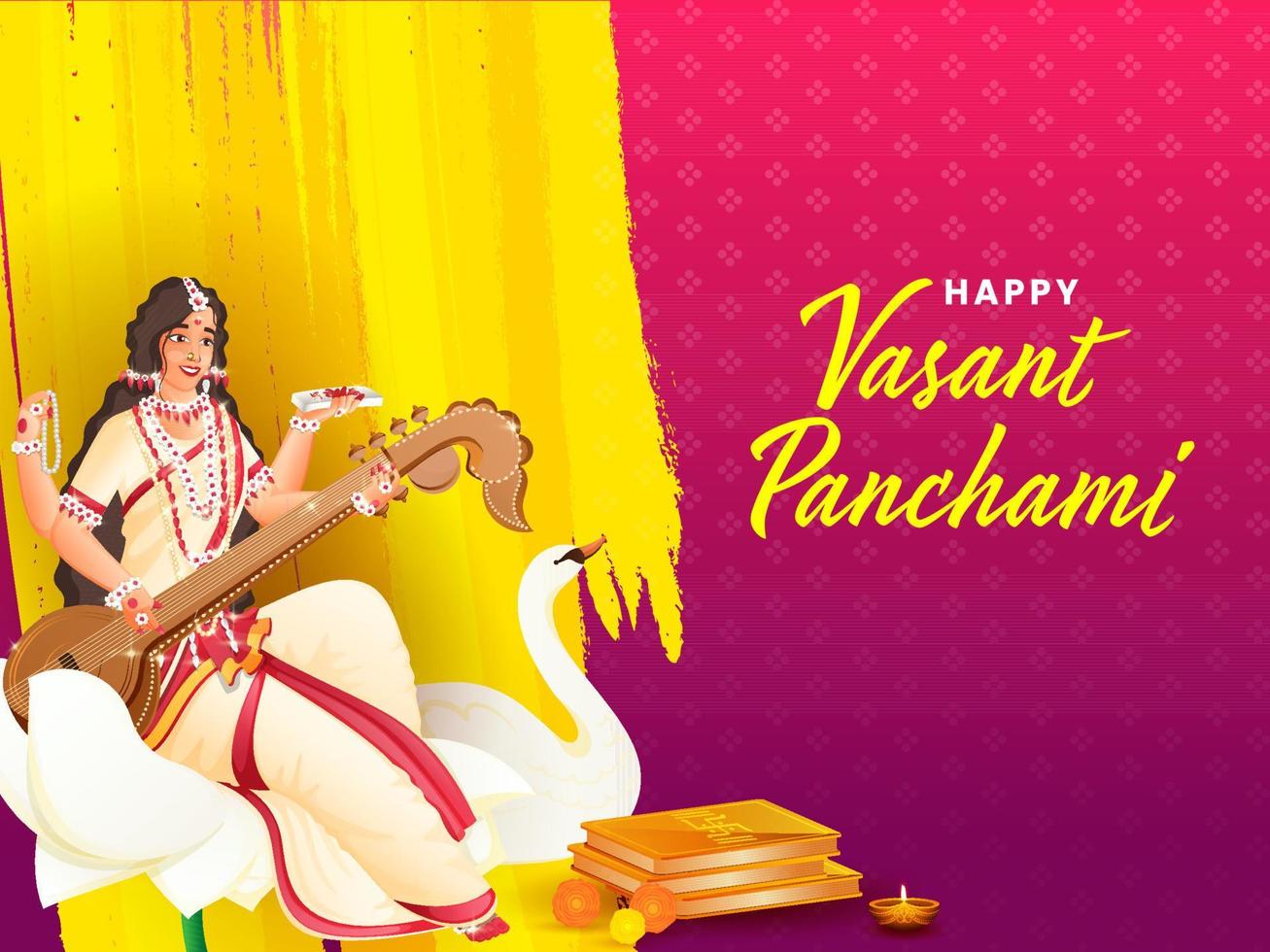 Goddess Saraswati Character Sitting On Lotus Flower With Swan Bird, Lit Oil Lamp And Holy Books For Happy Vasant Panchami Celebration. vector