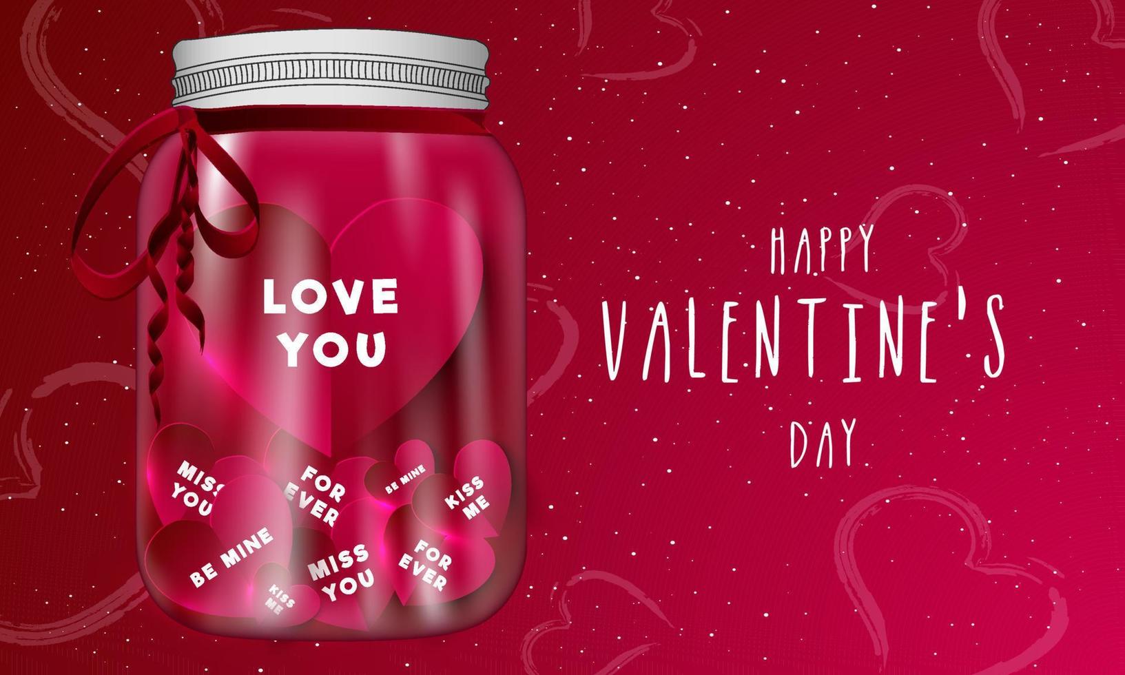 Different Love Message in form of Paper Heart Inside a 3D Jar on Red Background for Happy Valentine's Day Gift. vector