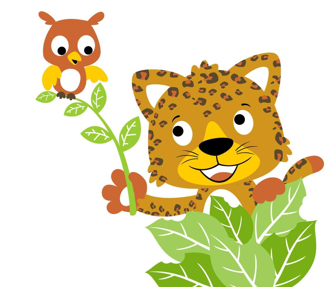 funny leopard with little owl, vector cartoon illustration