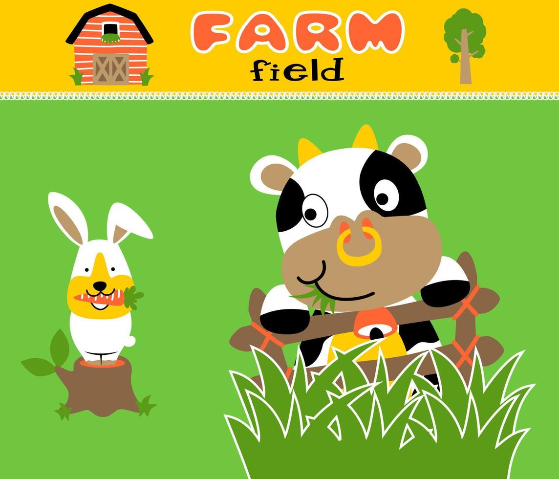 Funny farm animals, cow on fence with rabbit on tree stump, vector cartoon illustration