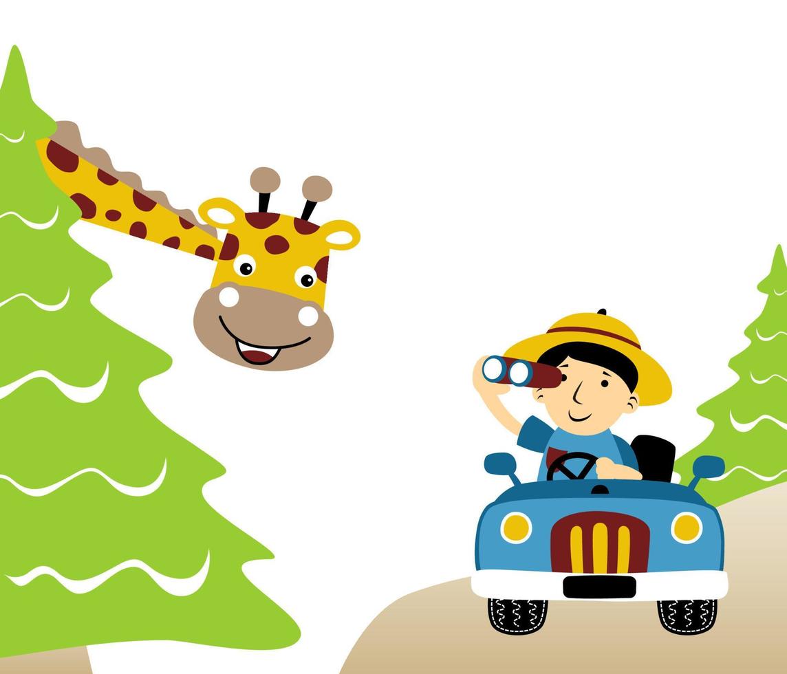 Holiday in the jungle, a boy on car holding binocular with funny giraffe, vector cartoon illustration