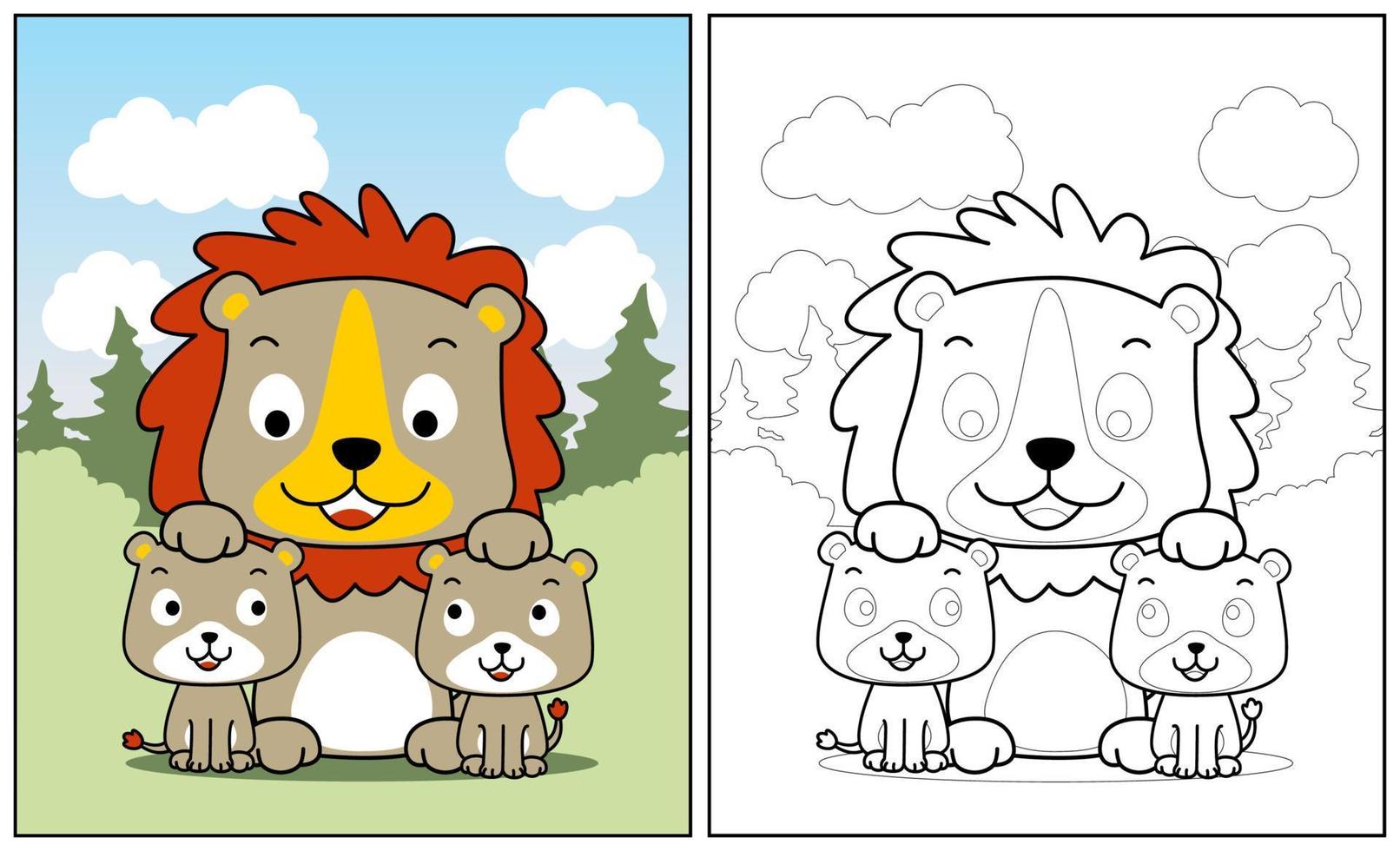 Cute lion family, vector cartoon illustration, coloring page or book
