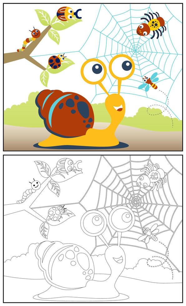 Cute snail with bugs, vector cartoon illustration, coloring book or page