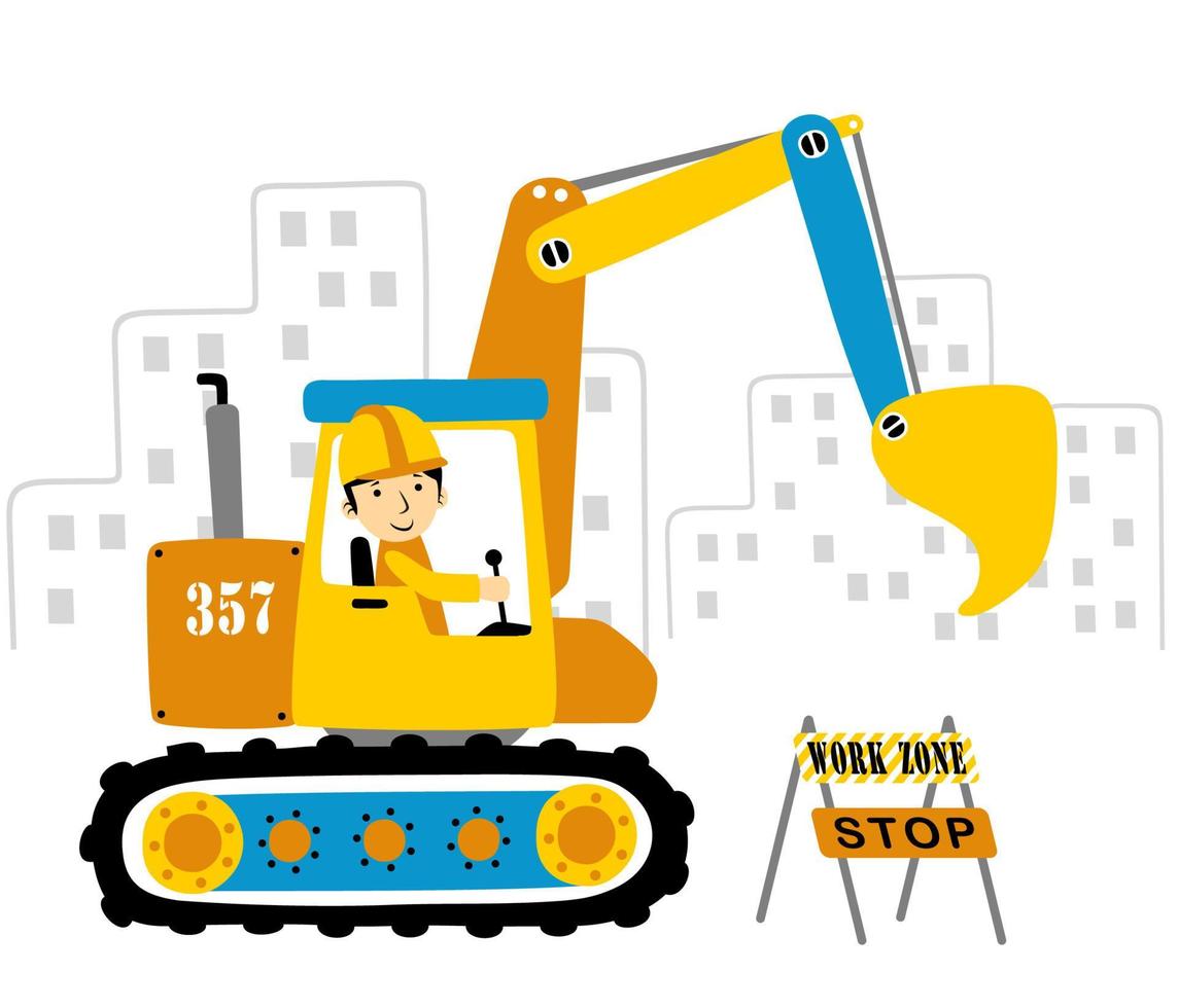 A worker driving construction vehicle on buildings background, vector cartoon illustration