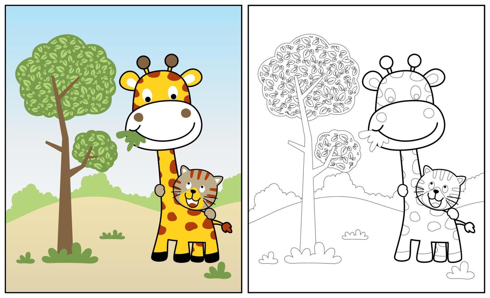 little tiger with giraffe in forest, vector cartoon illustration, coloring page or book