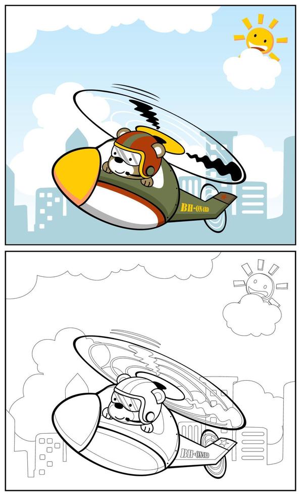 Cute bear on military helicopter, vector cartoon illustration, coloring book or page