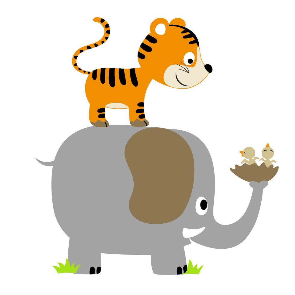 Funny tiger and elephant with baby birds on nest, vector cartoon illustration