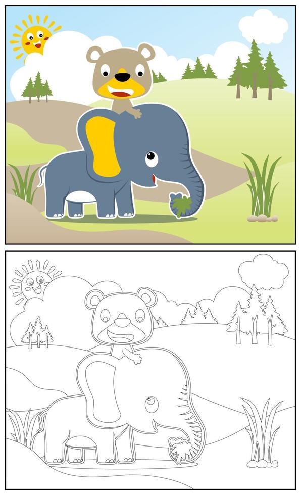 Cute bear riding elephant in forest, smiling sun behind clouds, vector cartoon illustration, coloring book or page