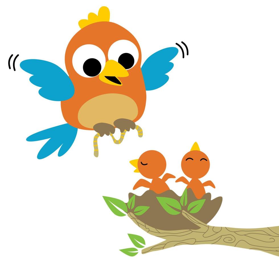 Happy bird family, mother bird carrying worm for it baby on nest, vector cartoon illustration