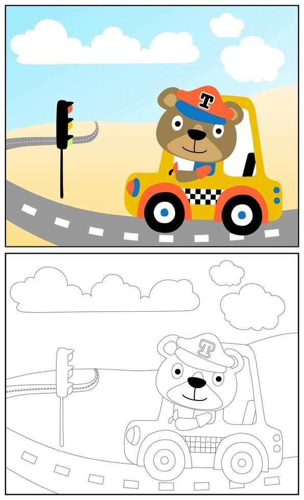 Cute bear the taxi driver, vector cartoon illustration, coloring book or page