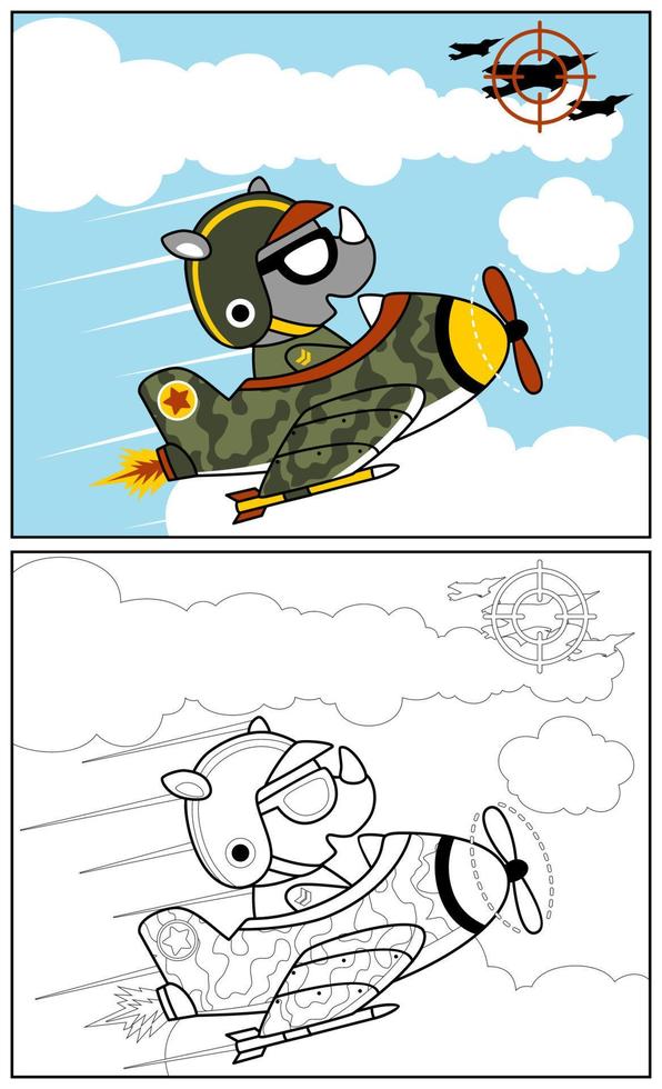 Cute rhino on fighter jet, vector cartoon illustration, coloring book or page