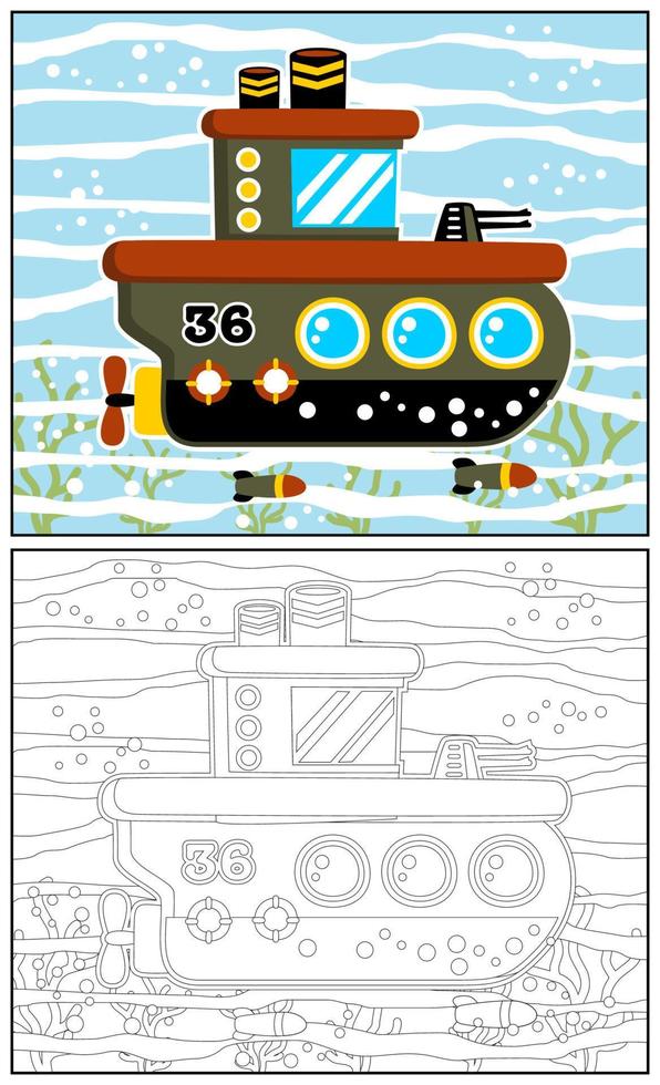 vector cartoon of military submarine with missile, coloring book or page