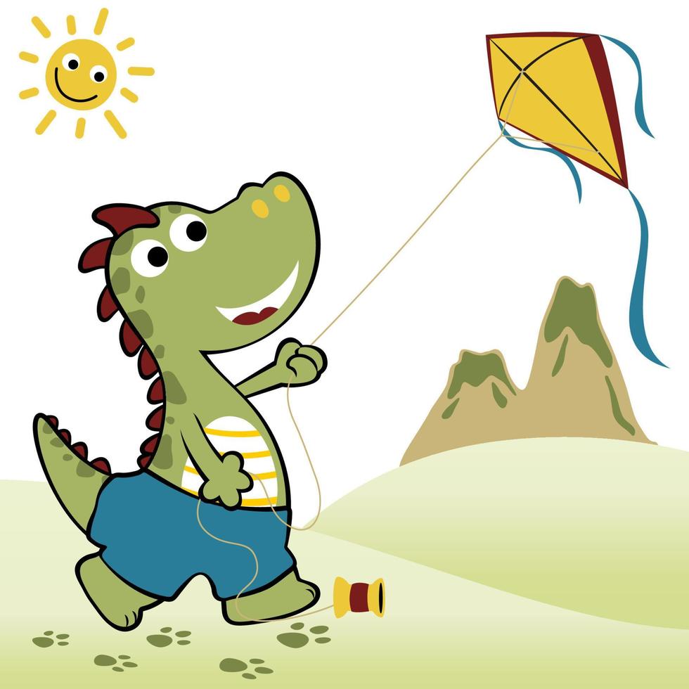 Cute dinosaur playing kite on volcanoes background with smiling sun, vector cartoon illustration