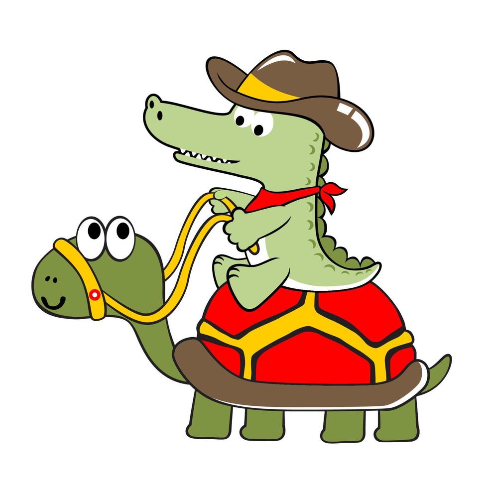 Cute crocodile wearing cowboy cap ride on giant turtle, vector cartoon illustration