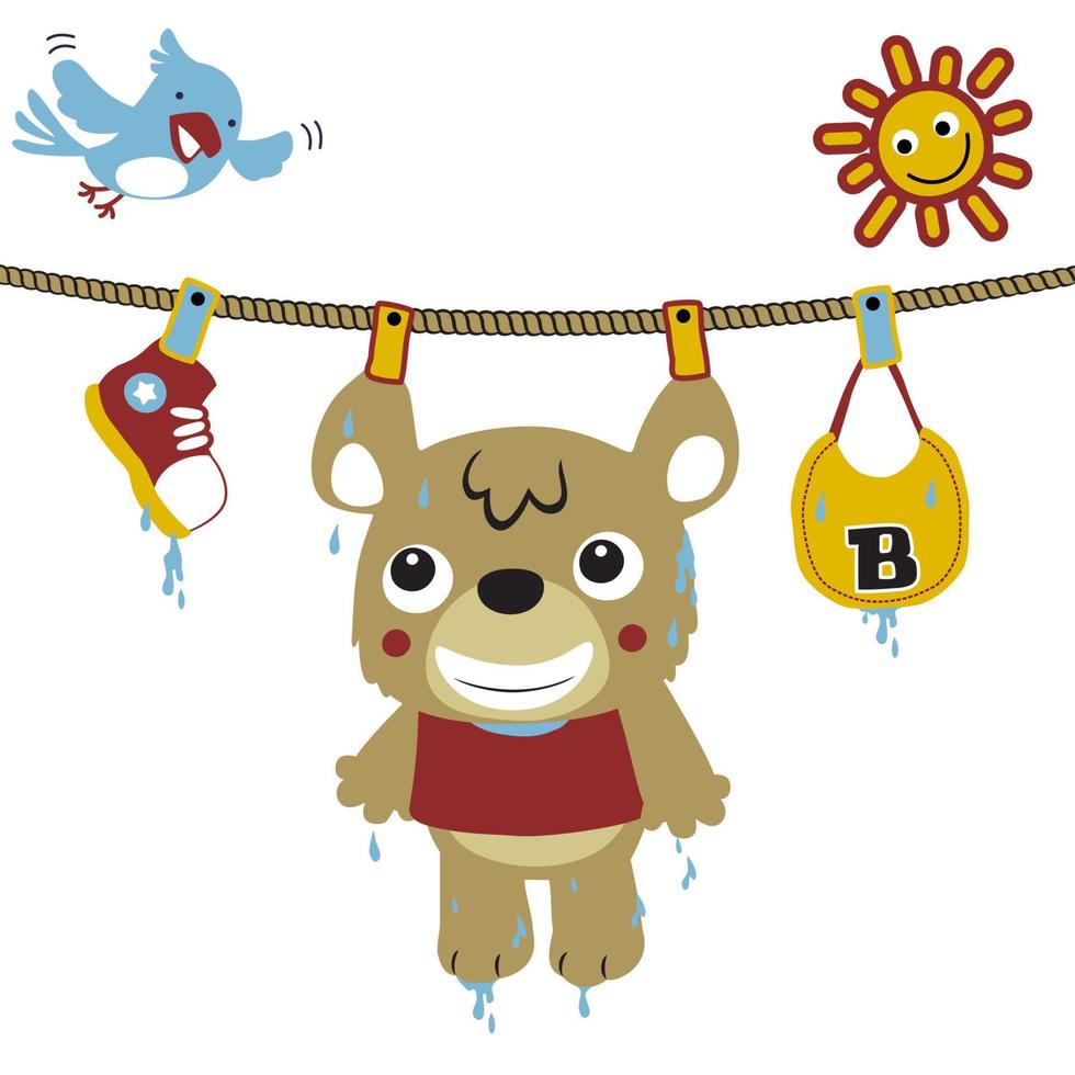 Funny bear in clothesline with smiling sun and little bird, vector cartoon illustration