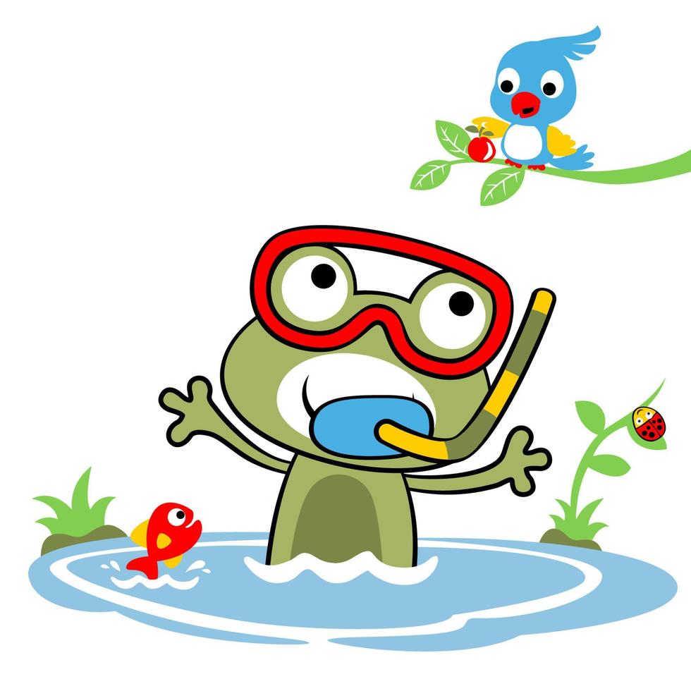 linda rana vistiendo buceo gafas de protección con pescado en estanque, pequeño pájaro con Fruta en árbol sucursales, vector dibujos animados ilustración