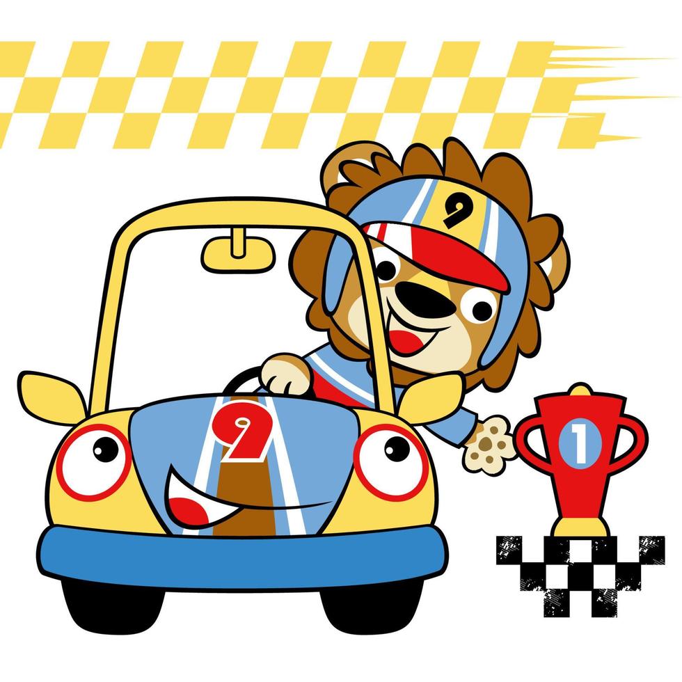 Cute lion with trophy winning car racing, vector cartoon illustration