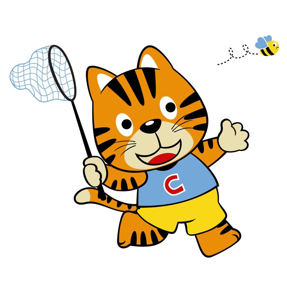 Cute kitten try to catch a little bee with fish net, vector cartoon illustration