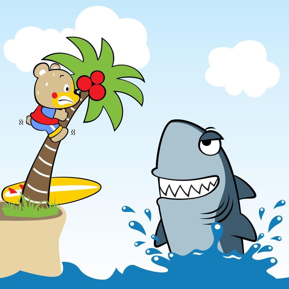 Funny bear climbing palm tree under shark attack, vector cartoon illustration