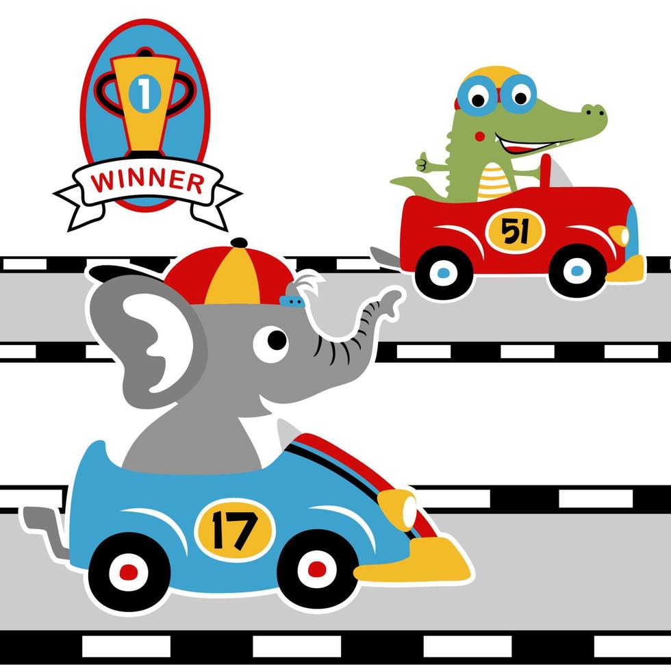 Cute elephant with crocodile in racing car, vector cartoon illustration