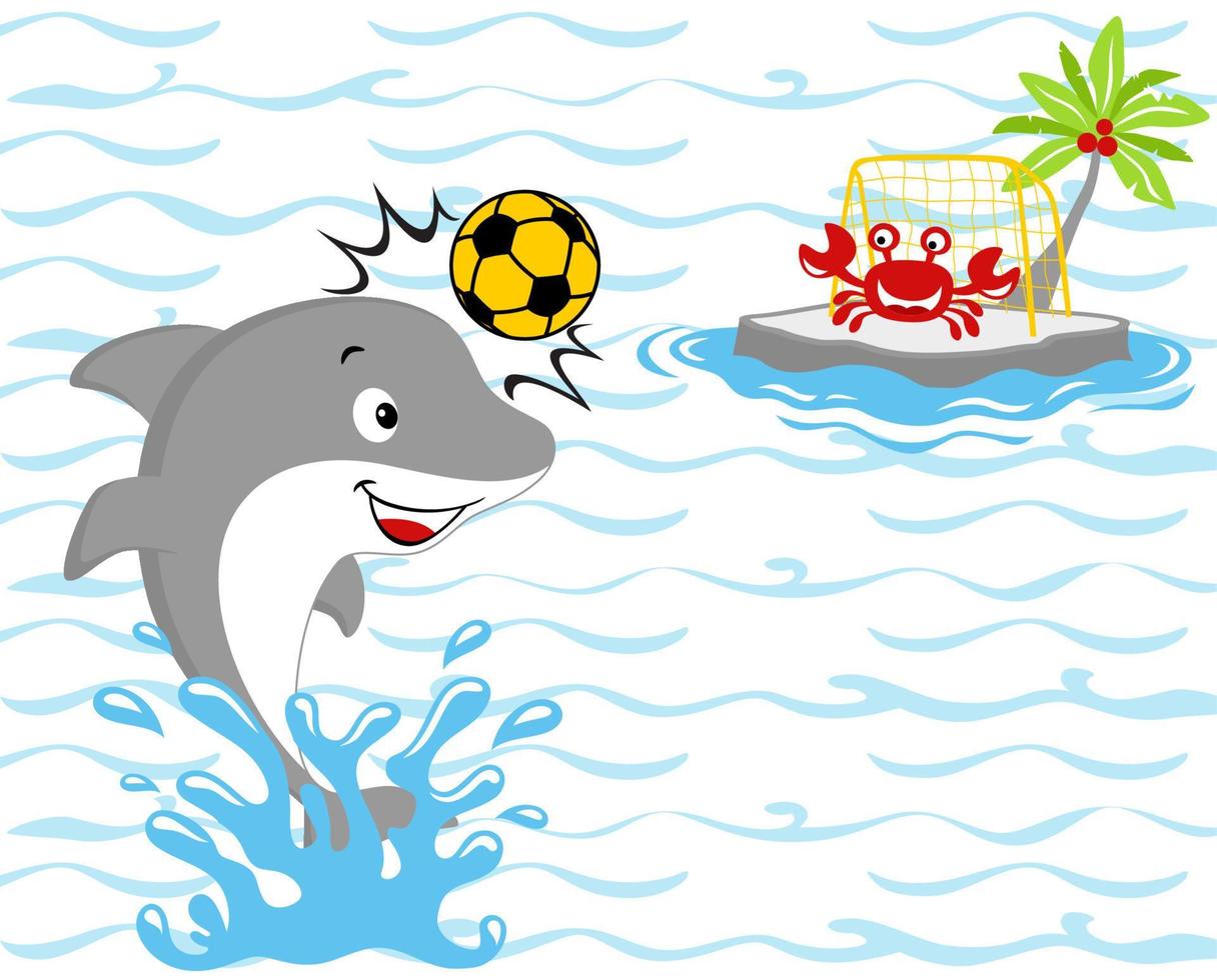 Cute dolphin with crab playing soccer in the beach, vector cartoon illustration