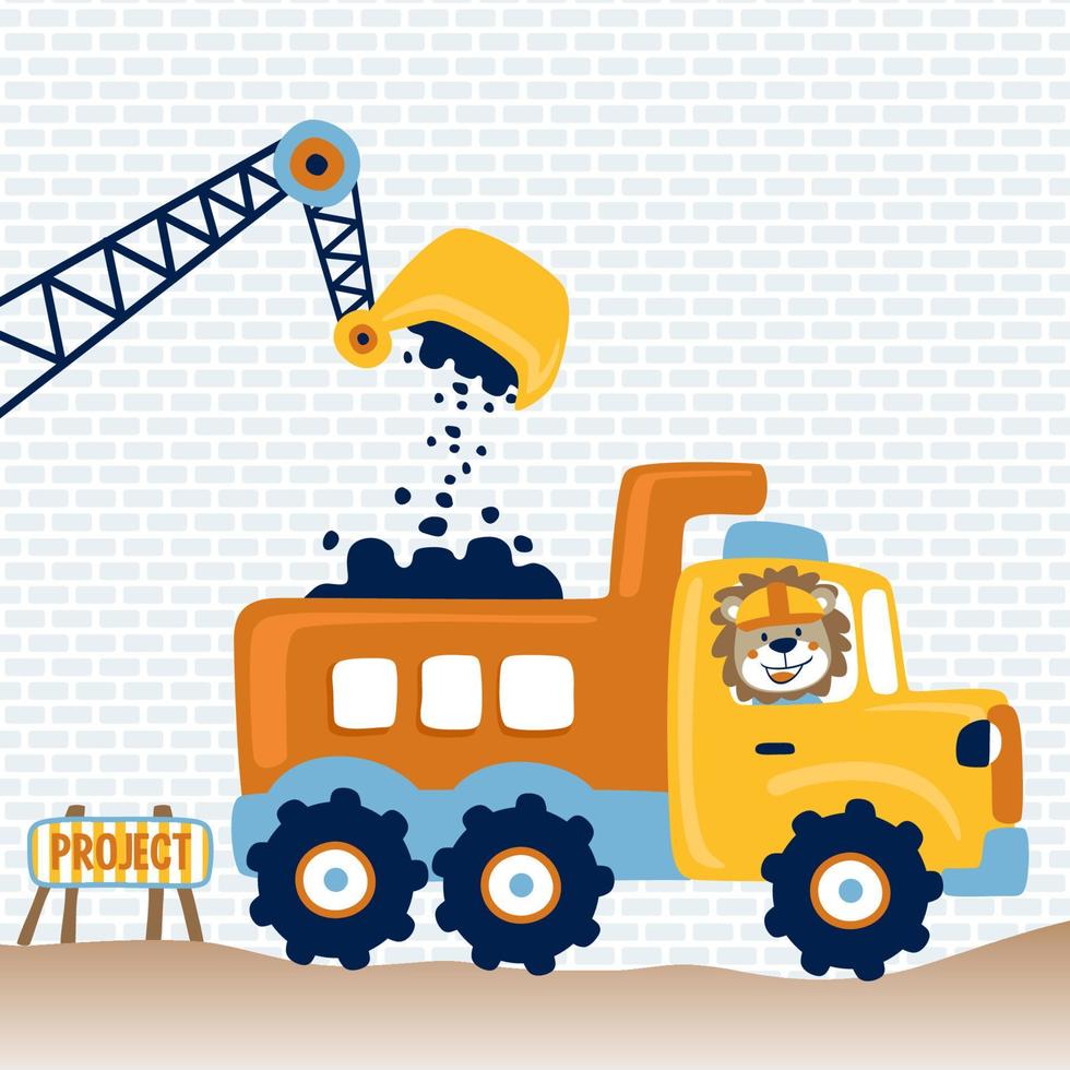 Cute lion driving dump truck with construction element on bricks wall background, vector cartoon illustration