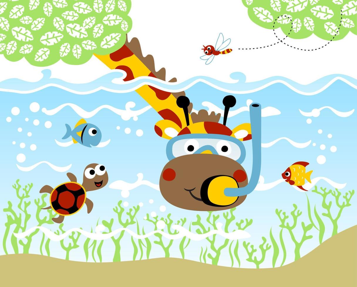 Funny giraffes wearing diving goggles with marine animals and dragonfly, vector cartoon illustration