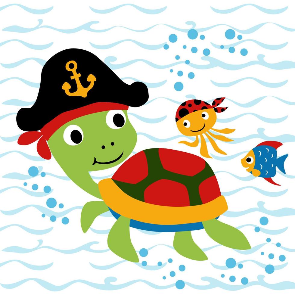 Cute turtle wearing pirate cap with squid and fish undersea, vector cartoon illustration