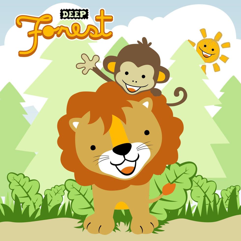 Cute lion with little monkey in forest, vector cartoon illustration