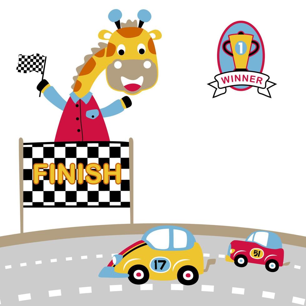 Funny giraffe in toy cars racing, vector cartoon illustration