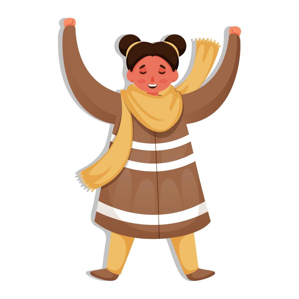 Cheerful girl raising her hands in standing pose. vector