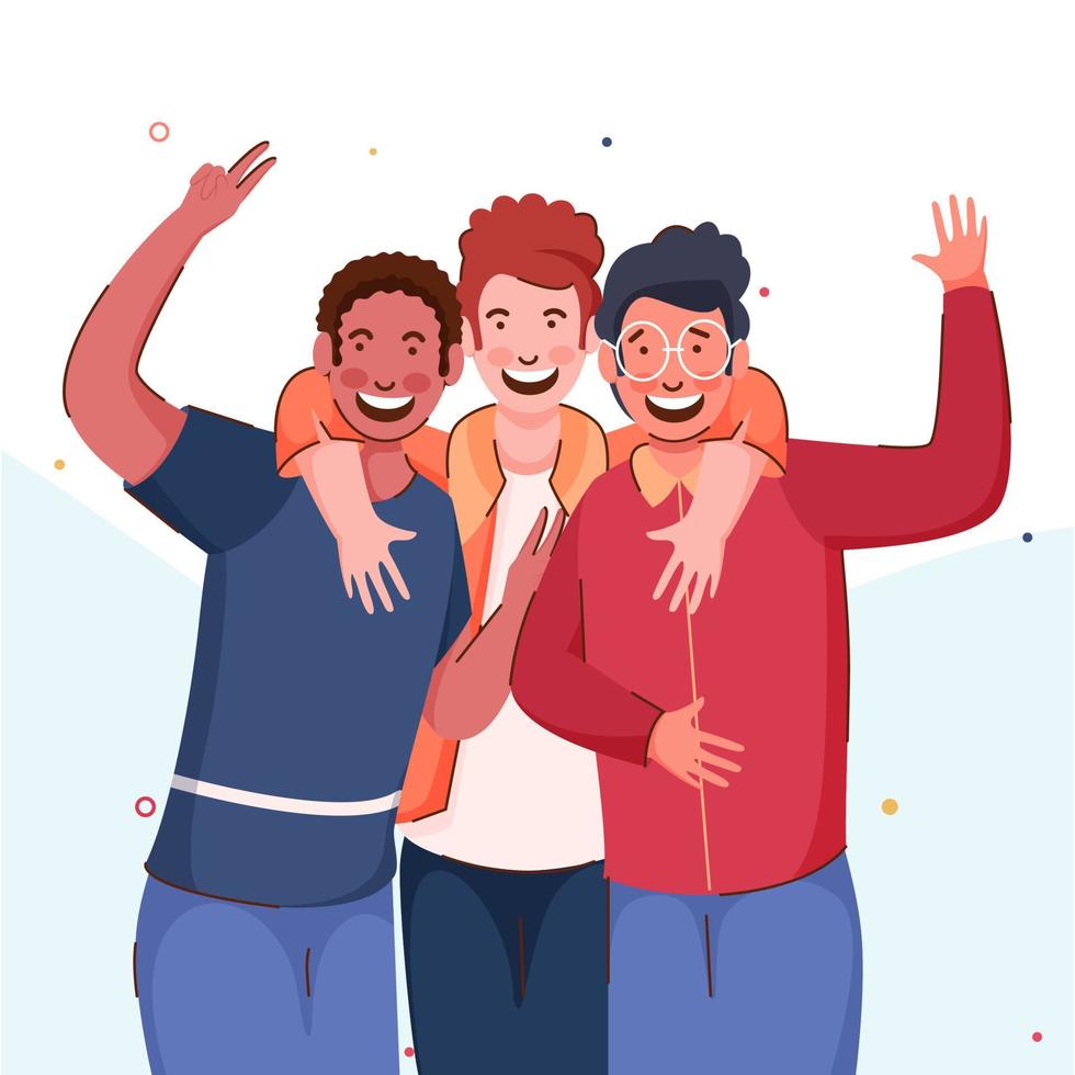 Cheerful Young Boys Group Hugging in Photo Capture Pose. vector