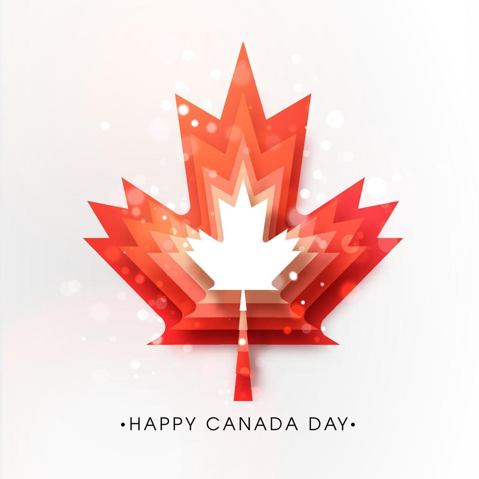Happy Canada Day Poster Design with Red Paper Cut Layer Maple Leaf and Bokeh Lights Effect on White Background. vector