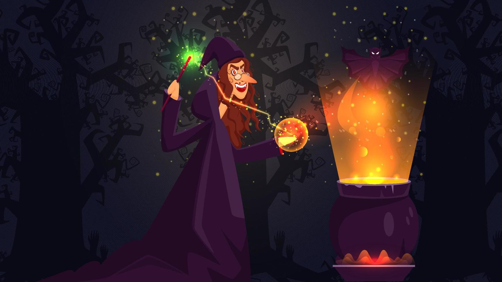 alegre bruja haciendo magia desde varita mágica con hirviendo poción caldera en bosque antecedentes. vector