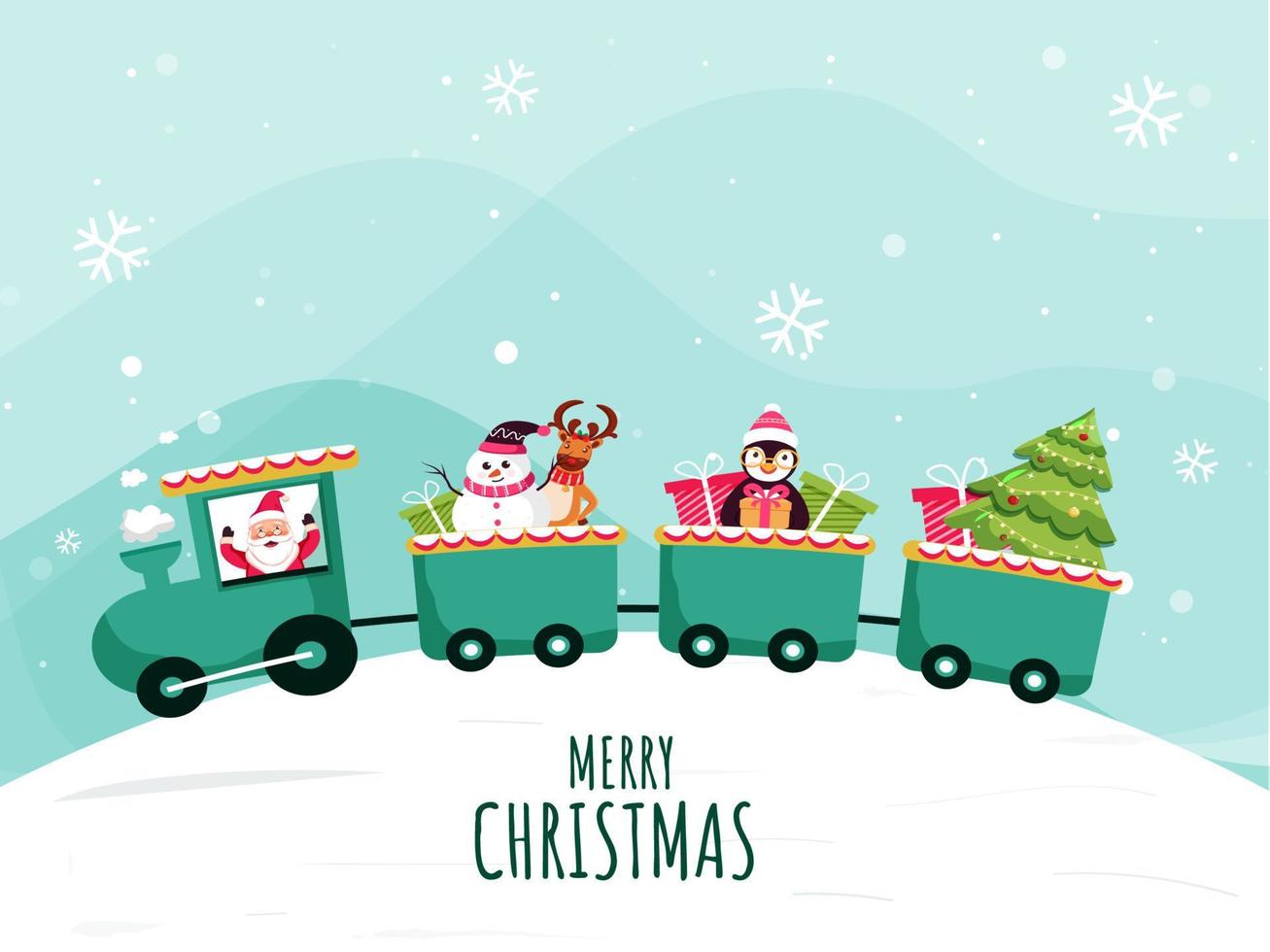 Merry Christmas Celebration Train on Light Turquoise and Snowy Background. vector