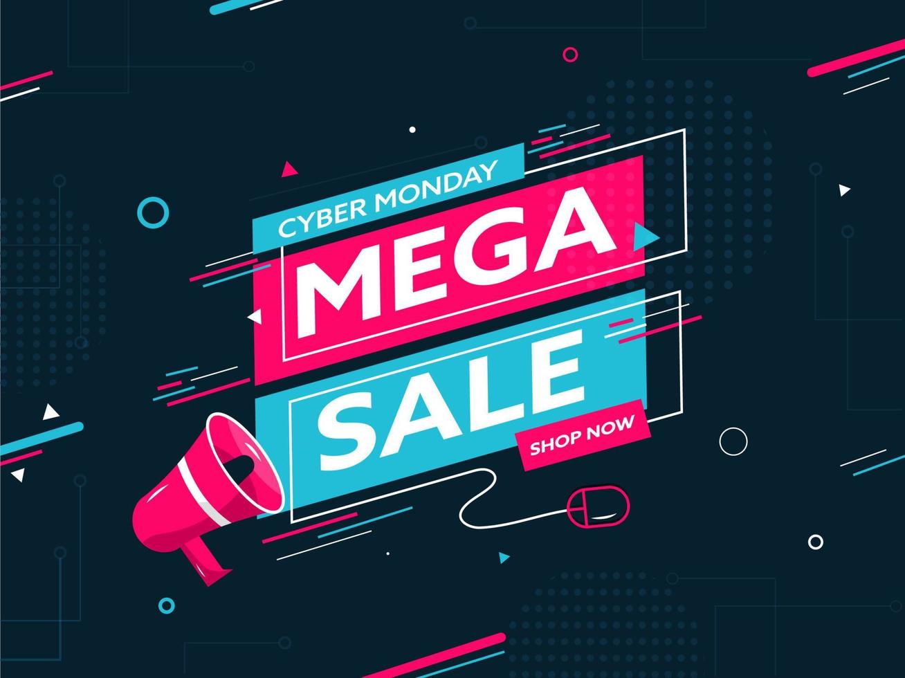 Cyber Monday Mega Sale Poster Design with Mouse and Loudspeaker on Teal Abstract Geometric Background. vector