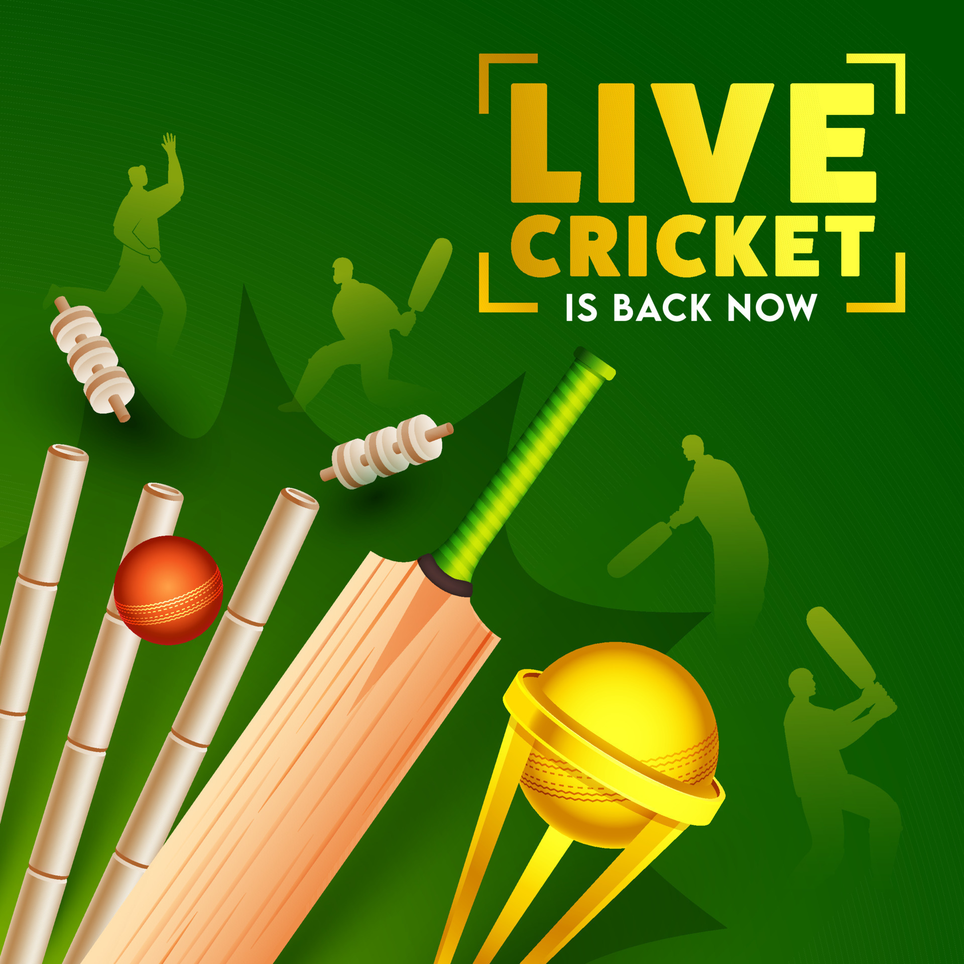 Live Cricket Is Back Now Poster Design with Realistic Bat, Ball Hitting Wickets on Green Silhouette Players Background