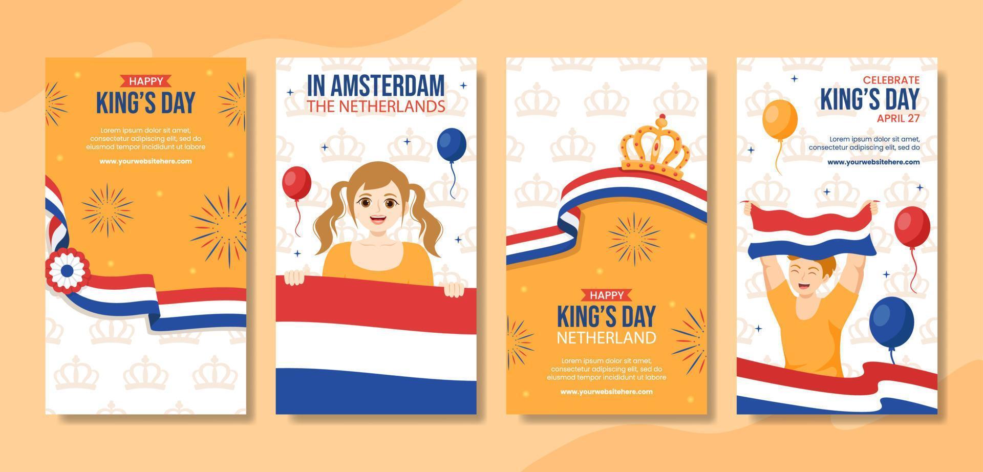 Happy Kings Netherlands Day Social Media Stories Cartoon Hand Drawn Templates Background Illustration vector