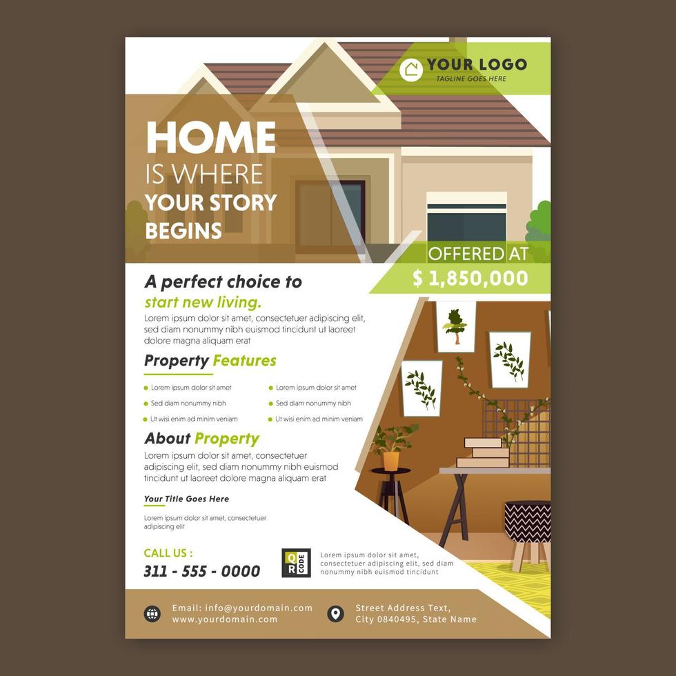 real inmuebles folleto volantes diseño con dado mensaje como hogar es dónde tu historia comienza y propiedad detalles para negocio. vector