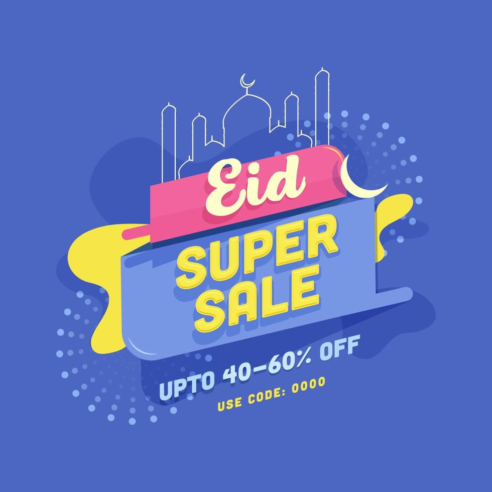Islamic festival Eid Super Sale concept with illustration of line-art mosque on abstract blue background. vector