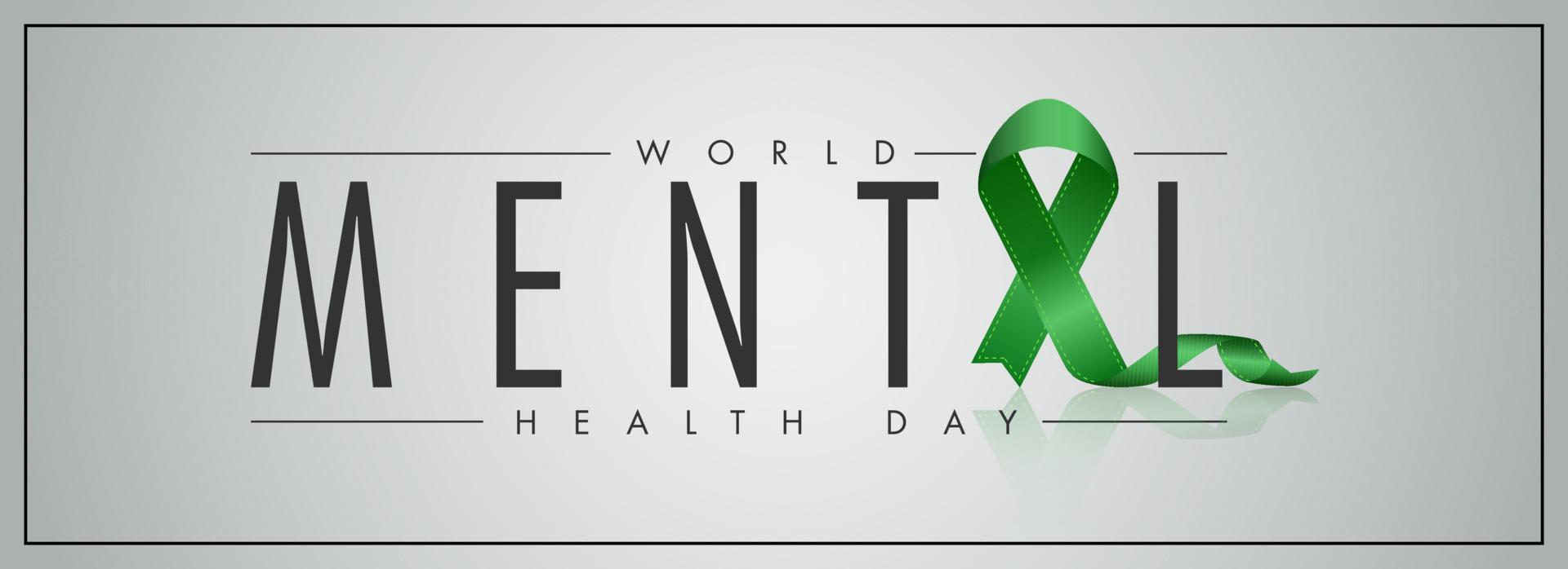 World Mental Health Day Text with Green Ribbon Cross on Grey Background. Header or Banner Design. vector