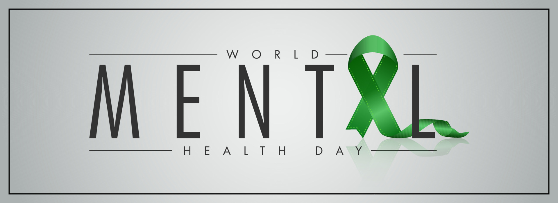 World Mental Health Day Text with Green Ribbon Cross on Grey Background