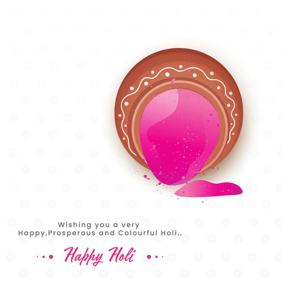 Happy Holi Wishing Card Design With Mud Pot Full Of Pink Liquid Color On White Background. vector