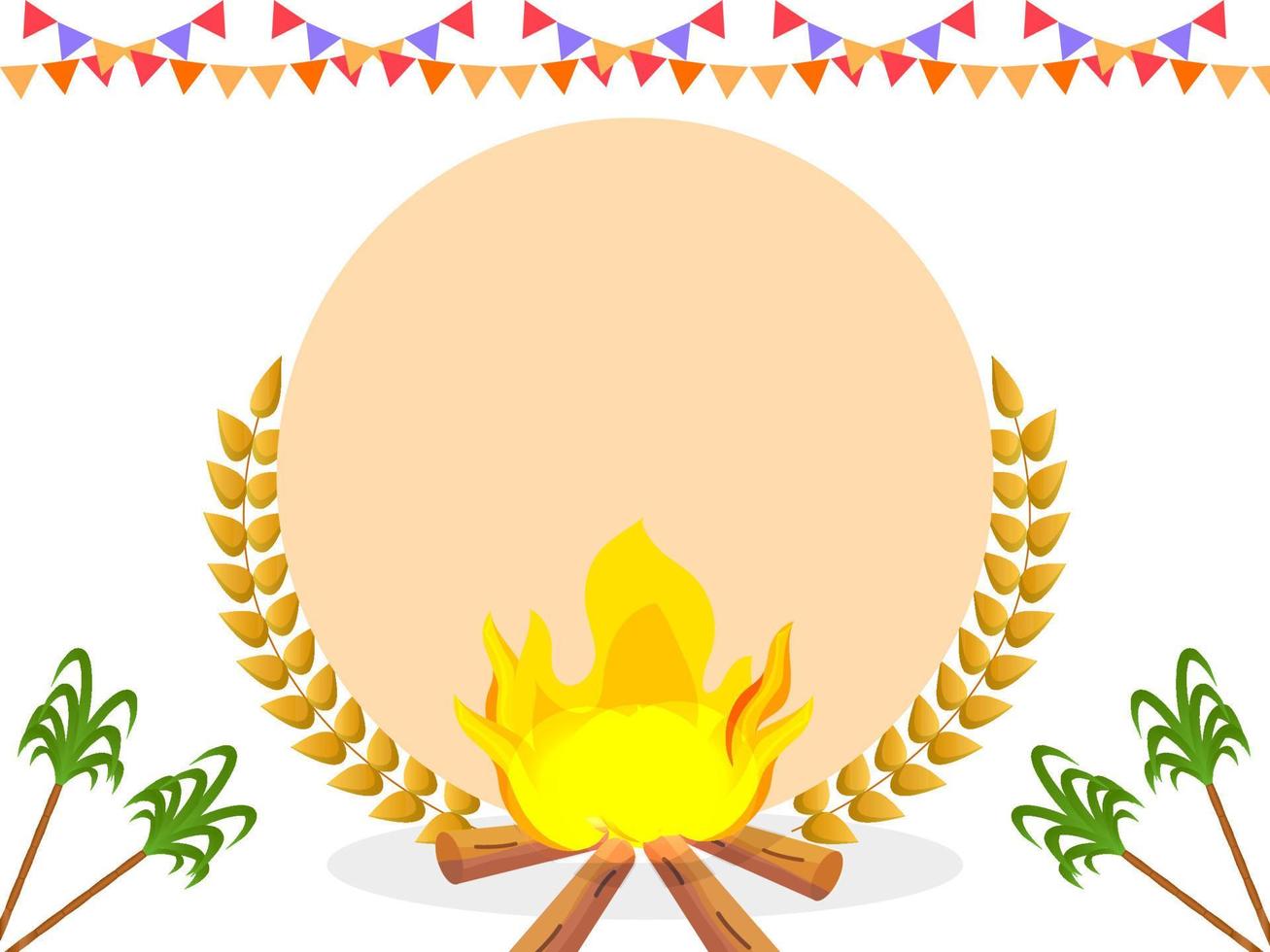 Illustration Of Bonfire With Wheat Ears, Sugarcane, Bunting Flags And Space For Text On White Background. vector