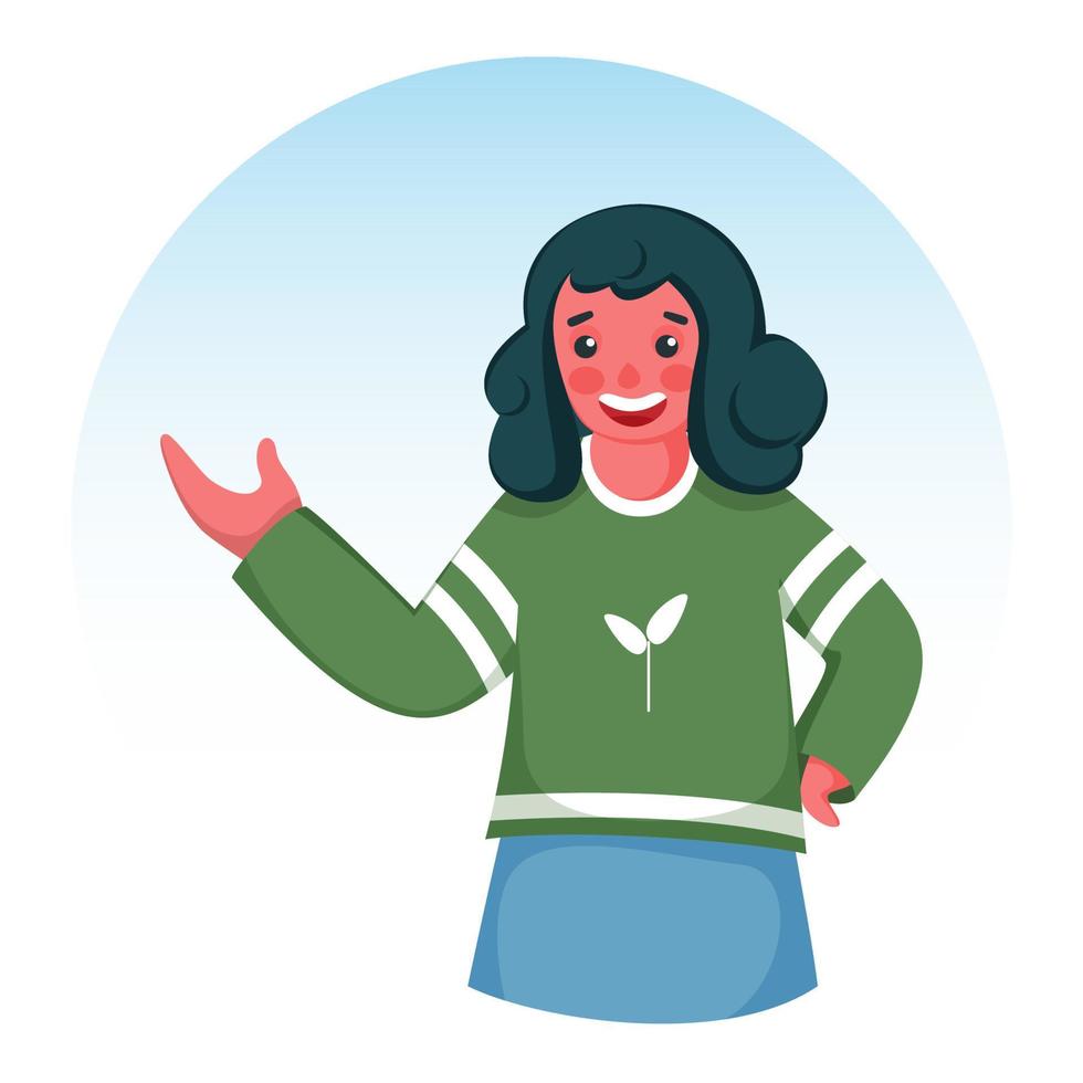 Smiley Girl Showing Something From Her Hand On Blue And White Background. vector