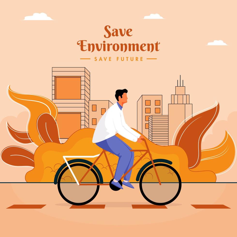 Faceless Man Riding a Bicycle with Leaves and Buildings on Light Orange Background. vector