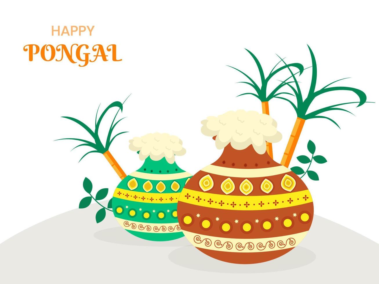 Happy Pongal Celebration Concept With Traditional Dish In Mud Pots, Sugarcane On White Background. vector