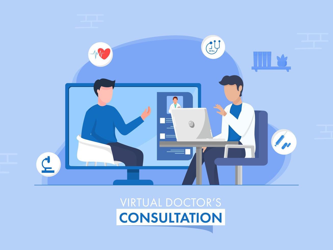 sin rostro médico tomando vídeo vocación a paciente o persona desde escritorio para virtual consulta concepto. vector