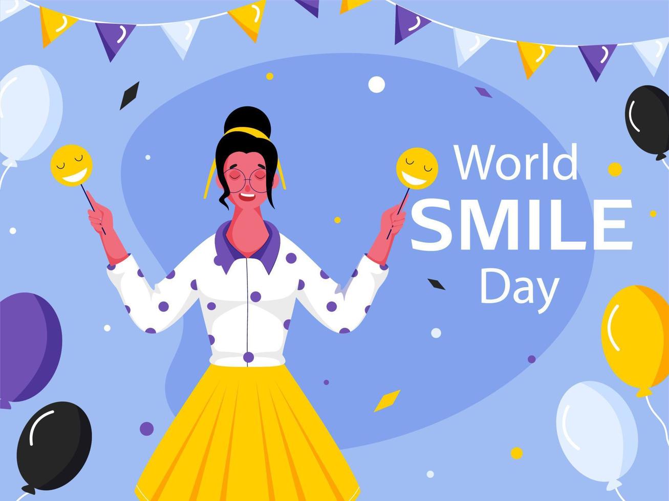 World Smile Day Poster Design with Young Girl Holding Smiley Emoji Sticks, Balloons and Bunting Flags Decorated Blue Background. vector